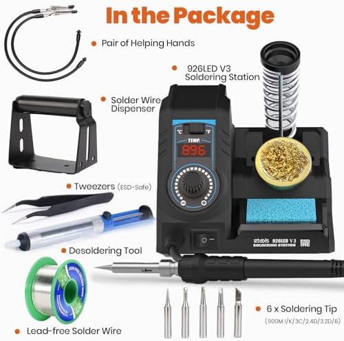 926LED V3 Entry-Level 60W Soldering Station Iron Kit in Black with Temperature Control includes Helping Hands, Lead-Free Solder, 6 Soldering Tips, ESD-Safe Tweezers, Sleep Mode