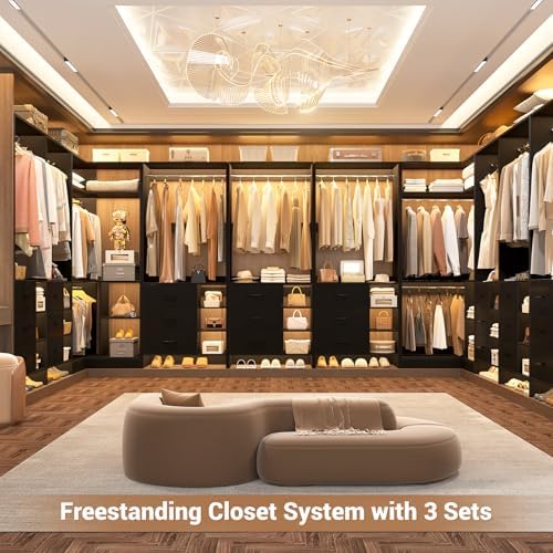 Aheaplus Closet System with 6 Drawers, 4 Hanging Rods & Corner Tower, Corner Closet System with Hanging,92.6" L-Shaped Walk-In Wardrobe Organizer, 2000+ lbs Capacity, Set of 3, Black