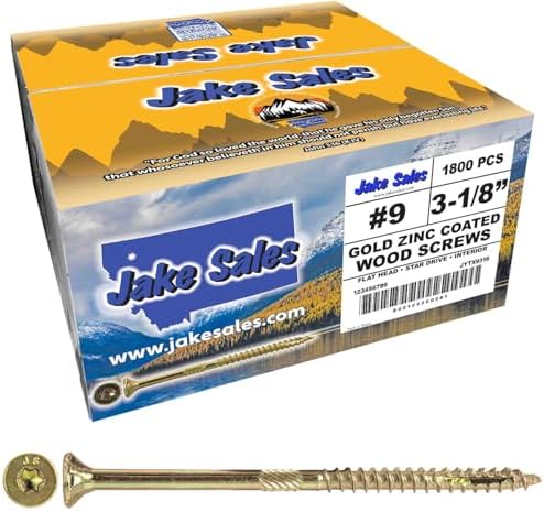 Jake Sales #9 x 3-1/8" Gold Star Wood Screw Torx/Star Drive Flat Head (Full Box - 1,800 Screw Count) - Multipurpose Torx/Star Drive Wood Screws