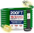 200ft Outdoor/Indoor Extension Cord 16/3 Gauge Heavy Duty 3 Prong SJTW (5-15P/5-15R), Waterproof, Flexible Cold-Resistant Long Power Cord,6A 125V 750W, Green by LifeSupplyUSA