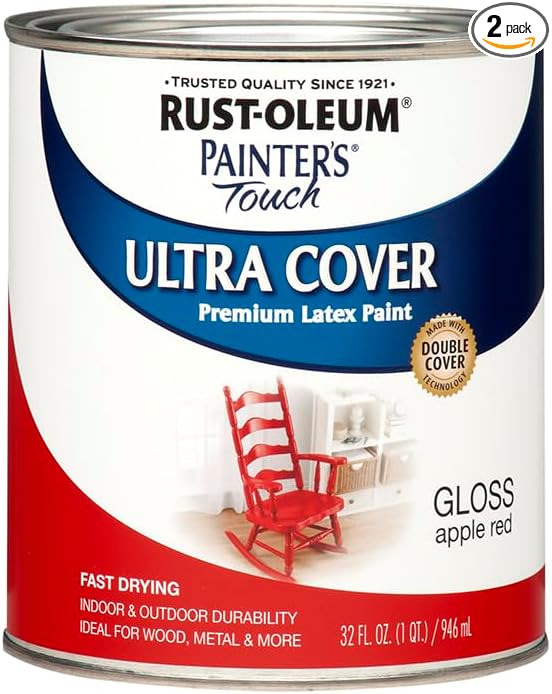 Rust-Oleum 1966502-2PK Painter's Touch Latex Paint, Quart, Gloss Apple Red, 1 Quarts (Pack of 2)