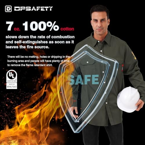 FR Shirts for Men 7oz Hi Vis Fire Resistant Shirts CAT2 Welding Shirt 100% Cotton Flame Resistant Shirt Dark Green(X-Large)