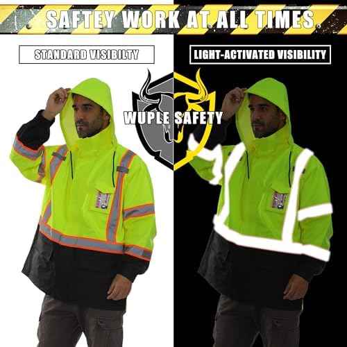 Hi Vis Safety Rain Jacket for Men Women Waterproof Breathable Rain Gears with Mesh Lining Black Bottom Lightweight Work Jacket (L/XL)