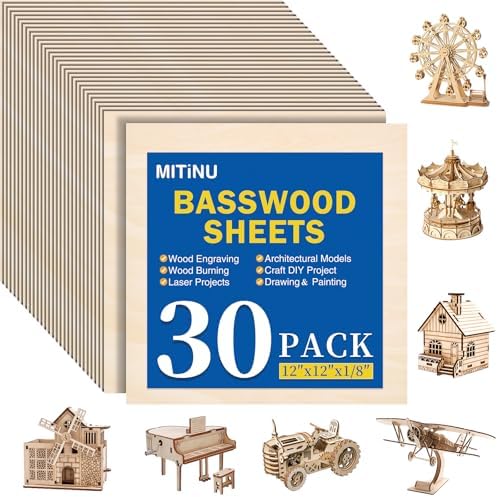 30 Pack Basswood Sheets for Crafts,12"x12"x1/8" 3mm Thick Plywood Sheets with Smooth Surfaces-Unfinished Squares Wood Boards for Laser Cutting, Wood Burning, Architectural Models, Staining
