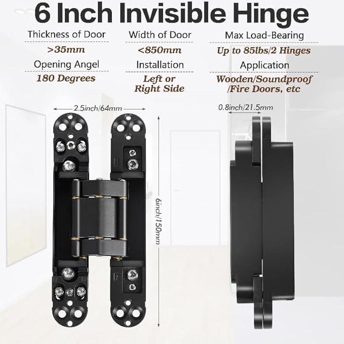Onedaful 2 Kits 6 inch Stainless Steel Hidden Door Hinges Invisible Hinges for Door, 180 Degree Swing Concealed Hinges, 3 Way Adjustable & Heavy Duty for Secret Door (Load-Bearing Up to 170lbs)