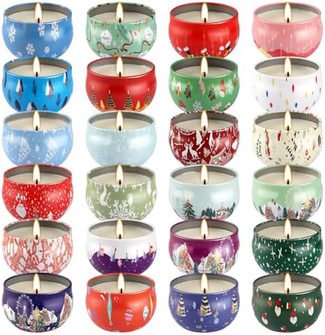24Pack Christmas Scented Candle Tins Gift Set - Soy Wax Festive Candles 2.5oz- Long Lasting Burn time for Christmas Thanksgiving Gifts Holiday Decor & Gifting.