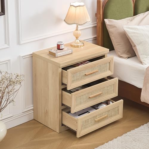 RWYHG Rattan Nightstands Set of 2 Wood 3 Drawer 26" Tall Gold Handle