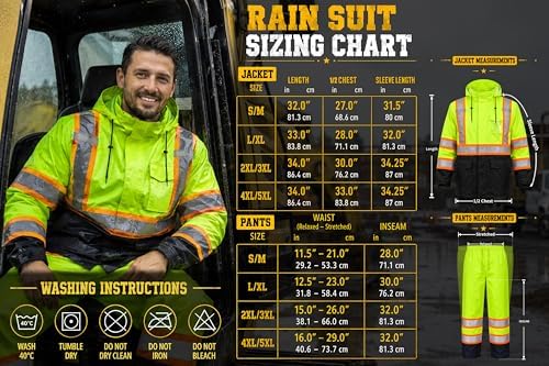 Rain Suits for Men Waterproof Reflective High Visibility Rain Gear Mens Heavy Duty, Hi Vis Rain Jacket & Pants with Black Bottom Class 3 ANSI/ISEA Compliant, Yellow Black L/XL