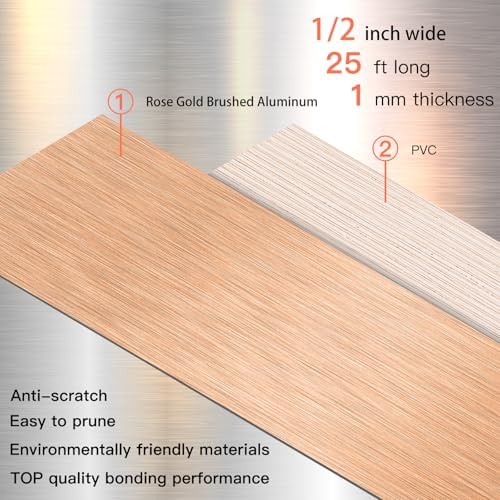 GSCIT Club Rose Gold Edge Banding, 1/2 Inch x 25ft Aluminum Brushed Edge Banding PVC Edge Trim for Cabinet Repair Furniture