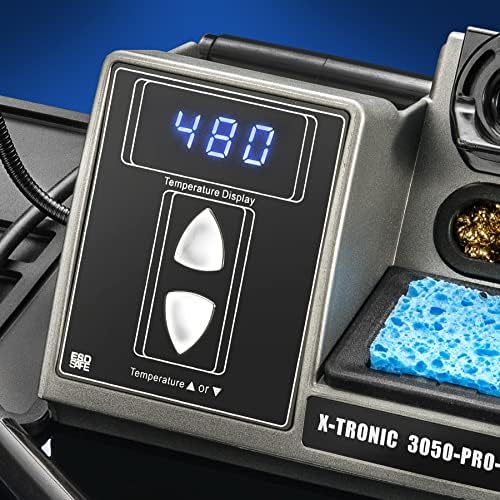 X-Tronic Model 3050-PRO-X Digital LED Soldering Iron Station with 2 Convenient Helping Hands, 1-30 Minute Sleep Function, C/F Programmable, Solder Roll Holder, Brass Tip Cleaner, Wet Sponge