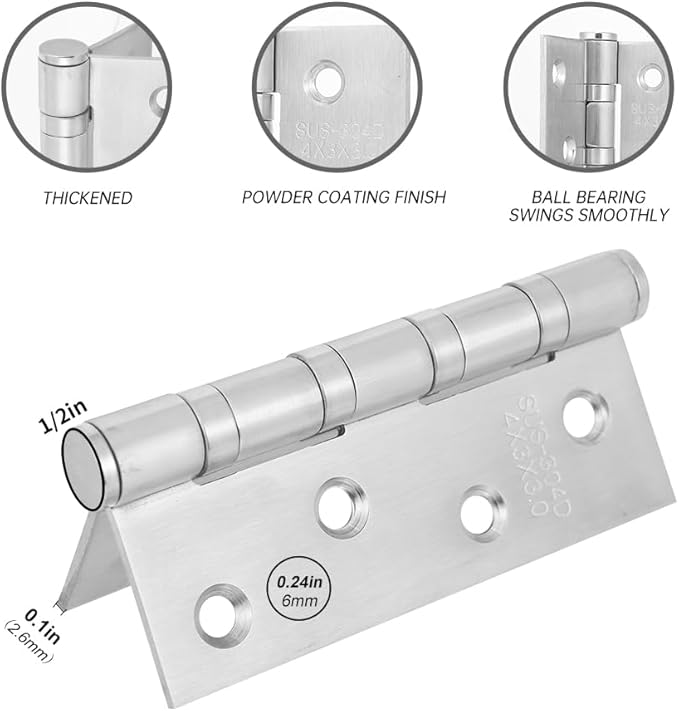 6 Pack Square Interior Door Hinges 4X3 inches Stainless Steel Door Hinge, Silver Butt Hinge Ball Bearing Hinges Window Hinges Outdoor Hinge with Screws