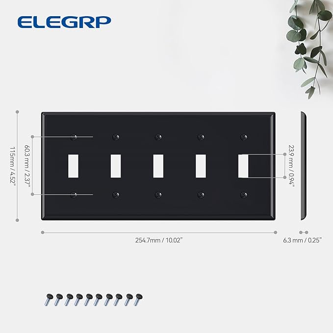 ELEGRP 5-Gang Toggle Switch Wall Plates, Standard Size 4.52" H x 10.03" L Unbreakable Thermoplastic Faceplate Cover for Toggle Dimmer Light Switches, UL Listed (1 Pack, Glossy Black)