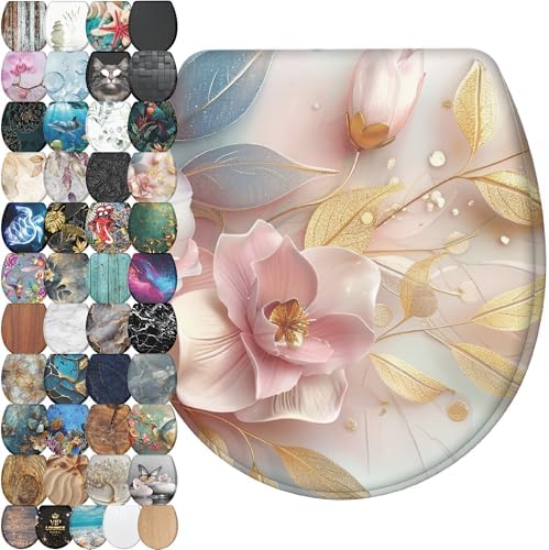Sanilo Wooden Toilet Seat with Quick Release & Soft Close [ROUND] - Decorative & Slow Close Molded Wood Seat - With One Click for Easy Installation & Cleaning - With Adjustable Fit (Florentia)