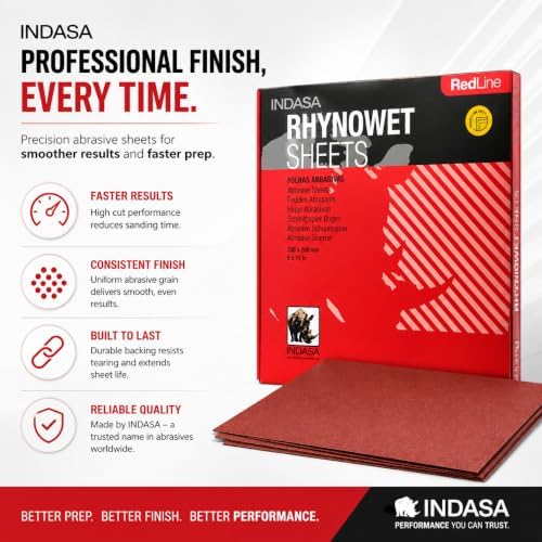 INDASA Rhynowet Red Line Wet Dry Sanding Sheets 9 x 11 Inch 100 Grit Waterproof Latex Backing Abrasive Paper for Wood Metal Automotive Surface Prep Pack of 50