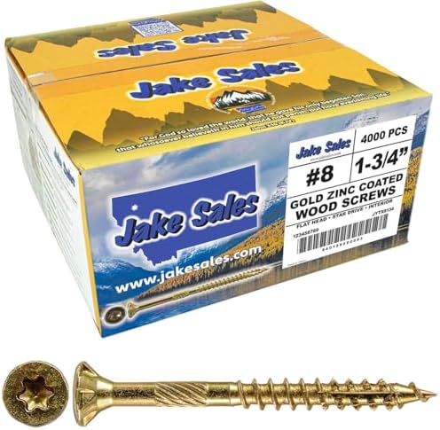 Jake Sales #8 x 1-3/4" Gold Star Wood Screw, T-20 Torx Drive, Flat Head – (Full Box) ~4,000 Screw Count