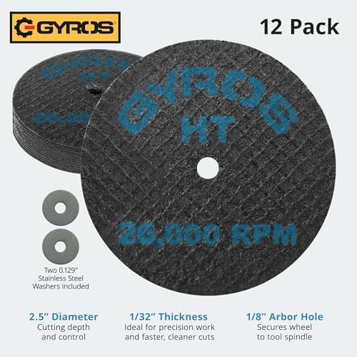 GYROS Cut-Off Wheels for Rotary Tools – 2.5” High-Tensile Fiberglass Reinforced, 12-Pack | Great for Cutting Hardened/Unhardened Steel, Steel Alloys, Hard Bronze, Metal | Made in USA 11-32250/12