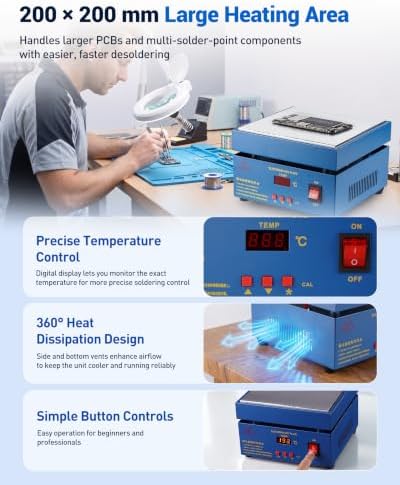 Soldering Hot Plate, PCB Preheater Rework Station with Digital Temperature Control, 200×200mm Heating Area for Multi-Point Heating, Electronics Repair, SMD Soldering, PCB Rework DIY 220V 850W