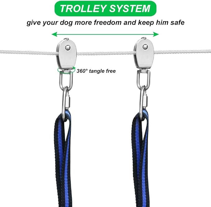 XiaZ Dog Tie Out Cable, 150ft Trolley Runner Cable for Dogs up to 250lbs, Dog Lead for Yard, Camping, Outdoor, with 8 Ft Nylon Bungee Runner, Cable Sling to Protect Trees