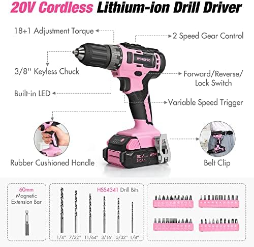 WORKPRO 20V Cordless Pink Drill Set for Women, Pink Tool Set with Bag