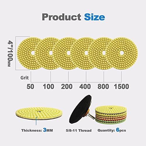Wet Diamond Polishing Pads - HIGHDRIL 6pcs 4 inch (#50-#1500),for Granite Marble Ceramic Sanding on Grinder or Polisher,with 1pc 4" Rubber Backing Pad and 1pc Adapter Round Shank to 5/8-11 Thread