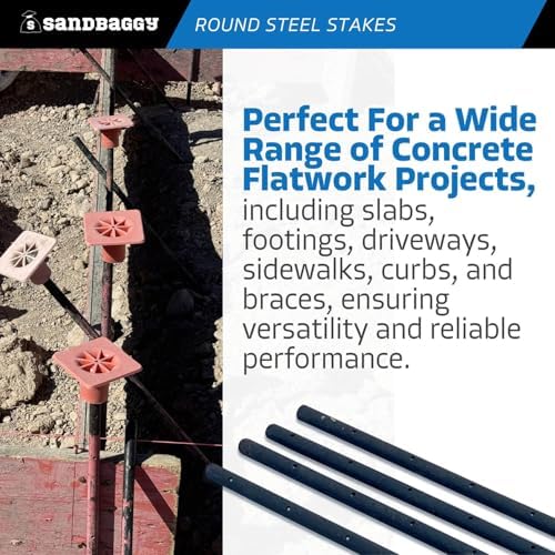 Sandbaggy 48 Inch Round Steel Concrete Form Stakes with Nail Holes, Heavy Duty Rust Resistant Form Pins for Concrete Forms, Slabs, Driveways, Sidewalks, Curbs & Footings, 100 Pack, 3/4 in x 48 in