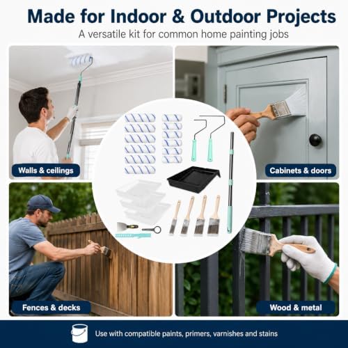 32PCS Paint Roller Kit with Adjustable Extension Pole, Microfiber Rollers, Paint Brushes, Tray Liners, Painter’s Tape and Drop Cloth for Walls, Ceilings, Furniture and Home Improvement Projects
