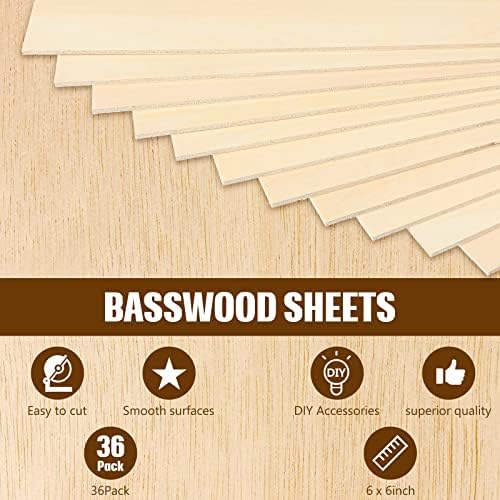 Riakrum Basswood Sheets Plywood Board Unfinished Wood Boards for Crafts for DIY Laser Projects Architectural Mini House Building Hobby Model Making(6 x 6 x 1/8 Inch,36)