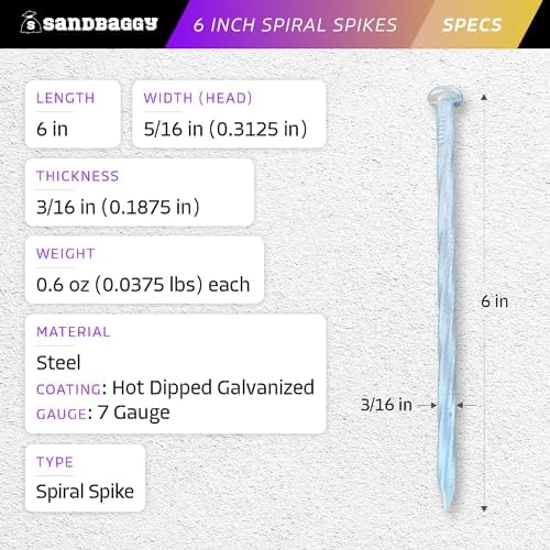 Sandbaggy 6 Inch Galvanized Artificial Turf Stakes - Spiral Landscape Nails - Ground Spikes/Pins for Synthetic Grass, Lawn, Edging, Weed Barrier Fabric, Garden (Steel (7 Gauge), 100)