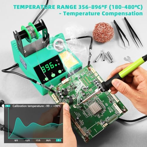 Soldering Station, 100W Digital Display Soldering Iron Station Kit with 2 Helping Hands, 356°F - 896°F, Auto Sleep, °C/°F Conversion, Solder Wire, Tips, Stand, Pump, Tweezers, Tip Cleaner, Cyan