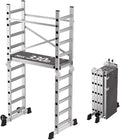 APARECIUM 10' Foldable Aluminum Scaffolding Ladder, Multipurpose Rolling Work Platform, Scaffold Tower, Ladder Stool Bench, Adjustable Platform, 330 Lbs Duty Rate