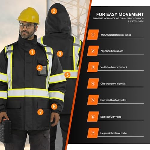 FATONE Hi Vis Rain Jacket for Men Lightweight Reflective Safety Rain Gear Waterproof with Hood, Class 3 Work Raincoat ANSI/ISEA Tested Black 4XL/5XL