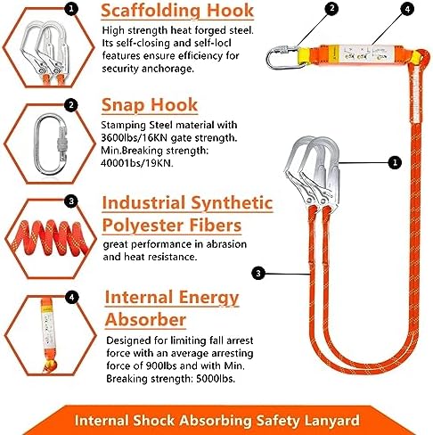 Full Body Safety Harness Tool Fall Protection，OSHA/ANSI Compliant,ASTM F1774certified | INTERNAL Shock Absorbing Lanyard（Orange）