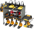 CCCEI Modular Power Tool Organizer Wall Mount Charging Station, Grey 6 Drills Holder with 8 Plug Power Strip 10FT, Garage Drill Battery Heavy Duty Metal Shelf, Utility Rack with Hooks, Side Storage.