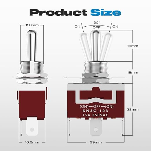 Momentary Toggle Switch, Malictele SPDT 3Pin (ON)-Off-(ON) Marine Toggle Switch 12VDC 30A/250VAC 15A Heavy Duty 3 Way with Waterproof Cap for Auto Car Boat- 4 Pack