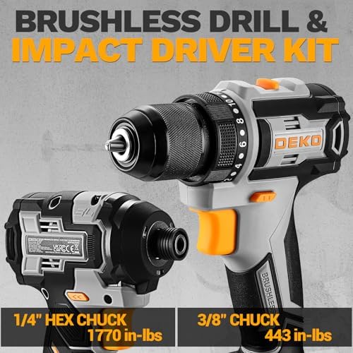 Cordless Drill & Impact Driver: DEKOPRO 20V Brushless Power Drill and 20V Brushless Impact Driver Set, Power Tool Set with 2x2.0Ah Batteries, Charger, Bag & 52xAccessories-Yellow