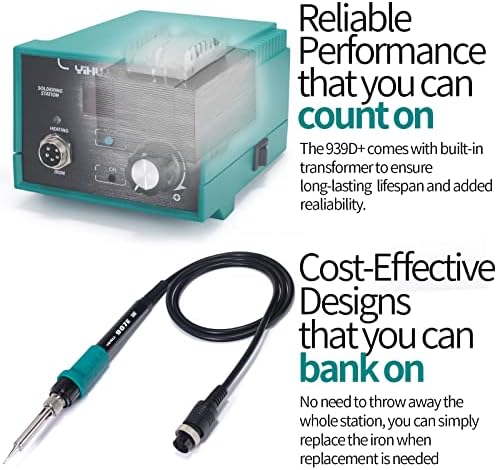 YIHUA 939D+ Digital Soldering Station, 75W Equivalent with Precision Heat Control (392°F to 896°F) and Built-in Transformer. ESD Safe, Lead Free with °C/°F display (Green)