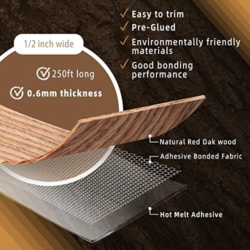 GSCIT Club Red Oak Edge Banding, 1/2 inch x 250ft roll of Veneer Edge Banding - Pre-glued Flexible, Real Wood Tape for Cabinet Repair & Furniture Restoration