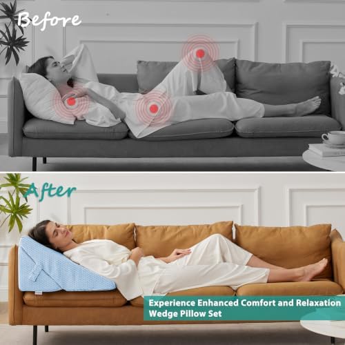 Bedluxe Wedge Pillow for Sleeping, Adjustable 9&12 Inch Foldable Bed Wedge Pillow Set, Orthopedic Memory Foam Triangle Pillows Wedge, 7-in-1 Elevated Pillows for Leg and Back Support, Light Blue