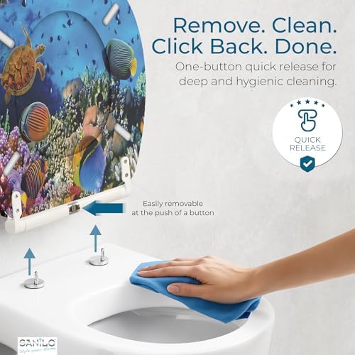 Sanilo Wooden Toilet Seat with Quick Release & Soft Close [ROUND] - Decorative & Slow Close Molded Wood Seat - With One Click for Easy Installation & Cleaning - With Adjustable Fit (Ocean)