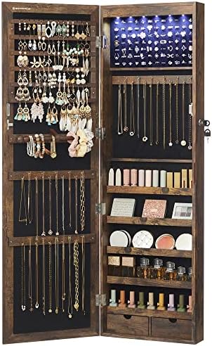 SONGMICS 6 LEDs Mirror Jewelry Cabinet, 47.2-Inch Tall, Lockable
