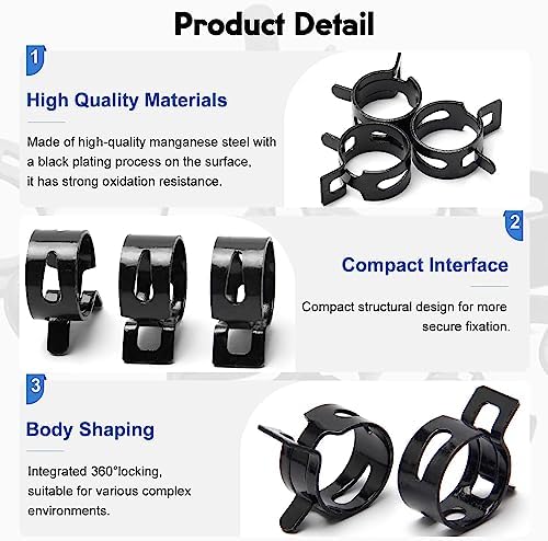 100pcs 0.24" ID Constant Tension Band Hose Clamps, 6mm Spring Band Type Action Hose Clamp Manganese Steel Fuel Line Clamp Low Pressure Air Clip Clamp for Fuel Hose Line Water Pipe Air Tube black