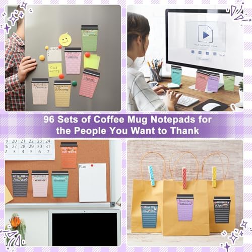 96 Set Employee Appreciation Gifts Bulk Team - 96Pack Coffee Cup Notepad+96 Ballpoint Pens+ 96 Drawstring Gift Bags, Bulk Gifts for Coworkers/Staffs/Teachers/Christmas