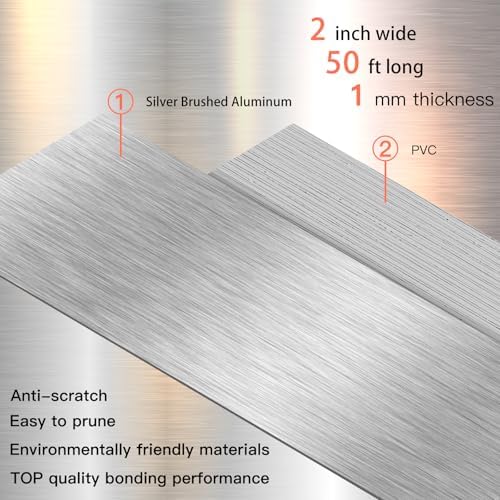 GSCIT Club Silver Edge Banding, 2 Inch x 50ft Aluminum Brushed Edge Banding PVC Edge Trim for Cabinet Repair Furniture