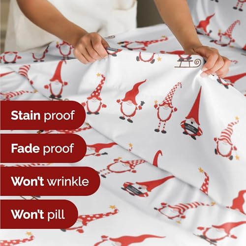 Christmas Sheet Set, Holiday Gnomes Red, Holiday Xmas Bedding Set - Full