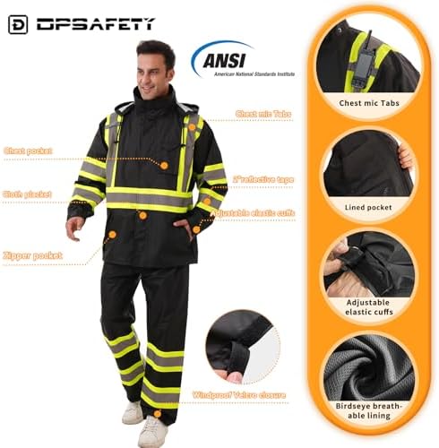 Hi Vis Safety rain Jacket，Reflective Class 3 Rain coat with Inner Mesh Lining and Pockets High Visibility Waterproof work Rain Suits for men&women（Black,4XL/5XL）