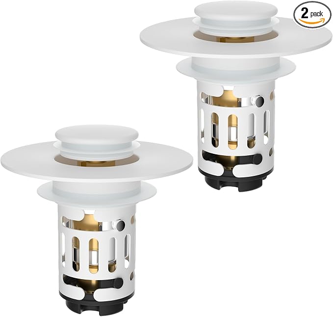 Hibbent 2 Pack 3 in 1 Bathroom Sink Drain Strainer, Universal Pop Up Stopper with Removable Stainless Steel Filter Basket Hair Catcher, Sink Plug for 1.1''~2.36'' Basin, Brass Bullet Core, White