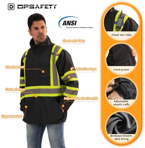 Reflective Rain jackets for men waterproof,Hi Vis Safety Coat With Reflective Strips，High Visibility Class 3 Rain jackets With 2 large pockets，Zipper,Black，2XL/3XL