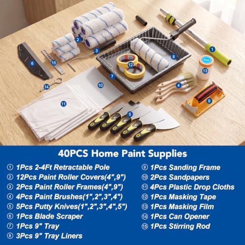 40PCS All in One Paint Roller Kit with 4Ft Telescopic Extension Pole