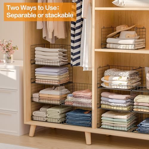 Yociyoga 6-Tier Stackable Closet Organizers and Storage Shelves, Closet Shelf Organizer Basket Bins, Foldable Sweater Storage for Clothes Organizer System, Black（Patent No. 30022416）