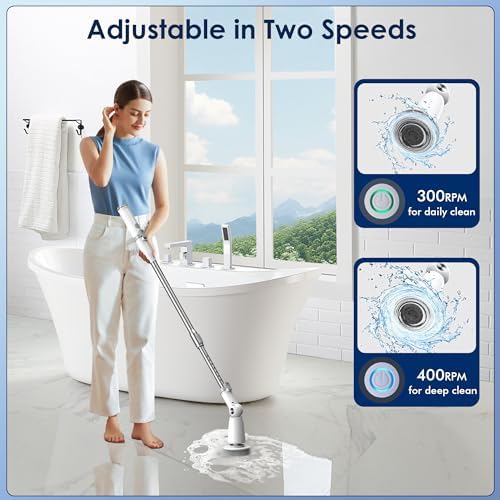 Marchpower Electric Spin Scrubber, Power Shower Scrubber Cordless Cleaning Brush 6 Replaceable Brush Heads, 2 Speeds, Adjustable Detachable Handle, IPX7 Waterproof Bathroom Scrubber Tub Tile Floor